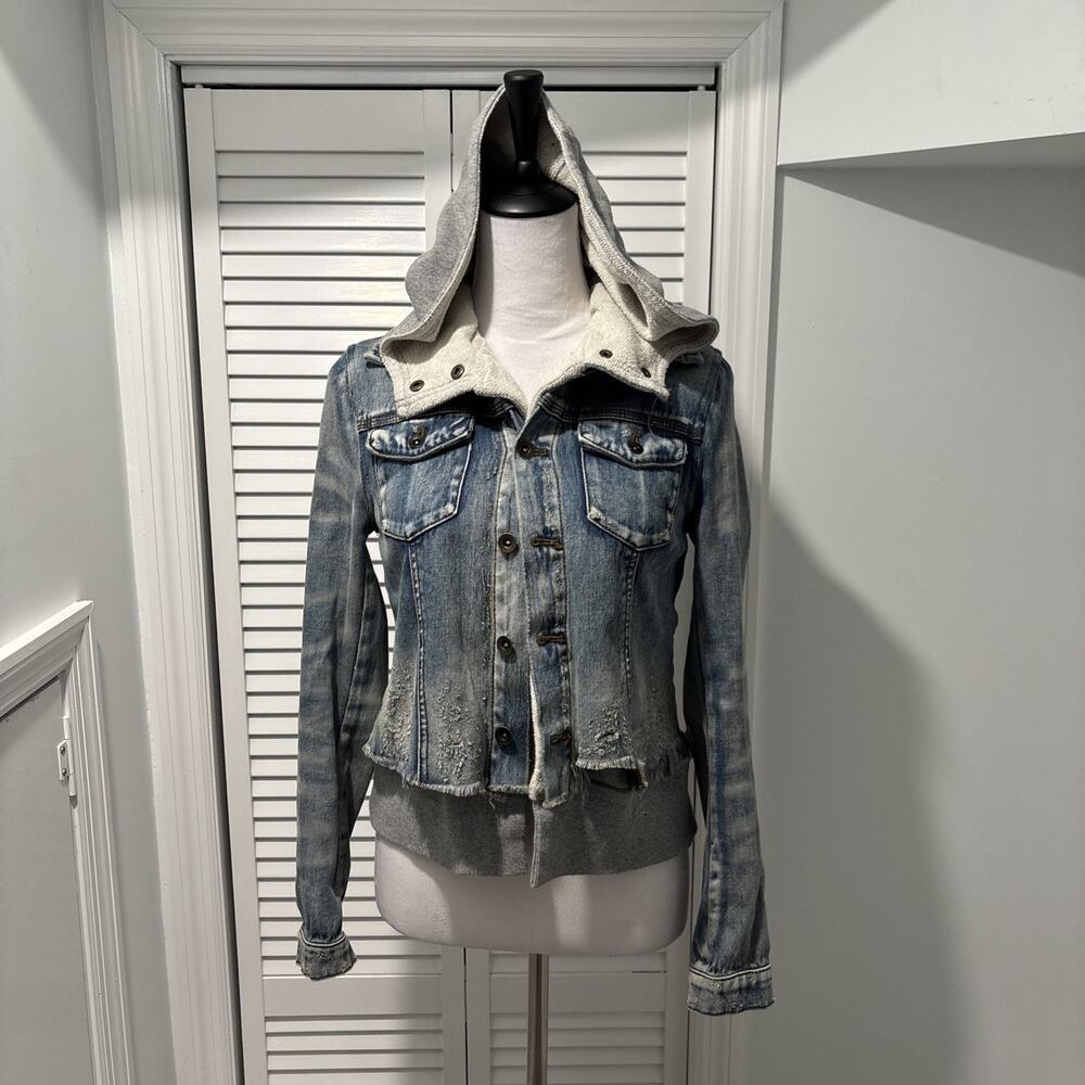 Free People Double Weave Distressed Denim Jacket Boho Preppy Women Size X-Small